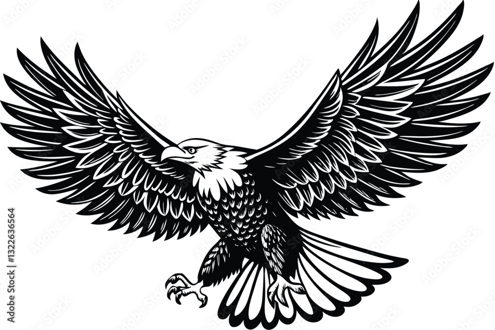 Obraz premium Flying Bald Eagle black and white Silhouette vector A Bald Eagle black Silhouette Vector isolated