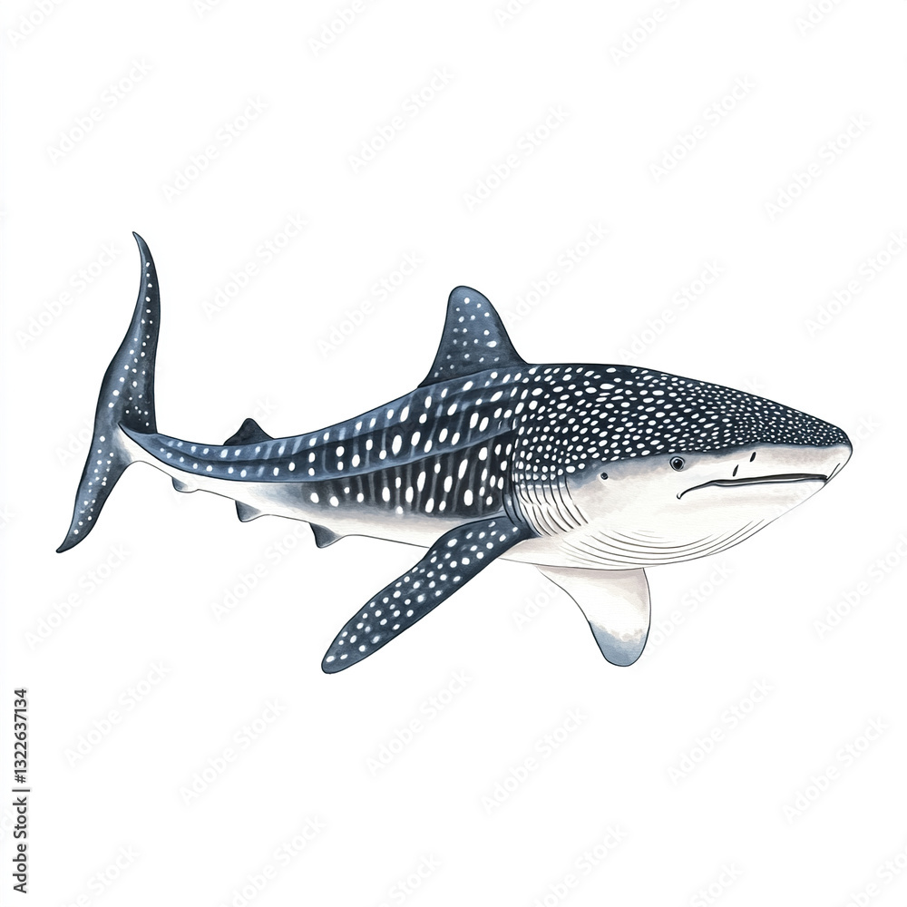 Fototapeta premium Whale shark illustration on white background, showcasing its unique patterns