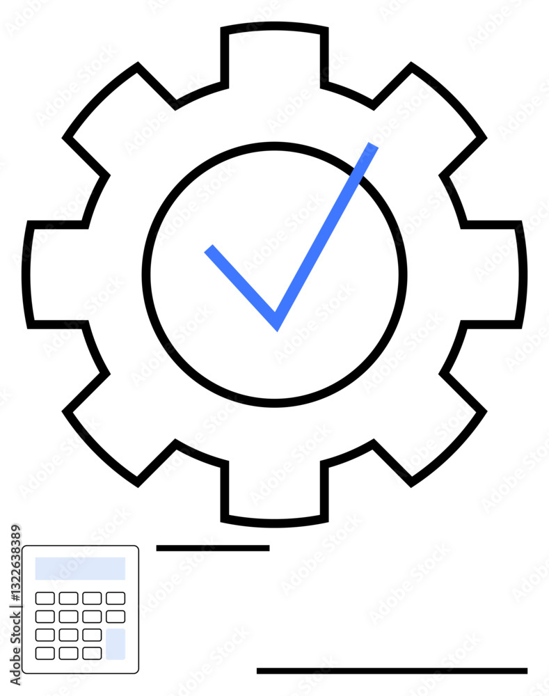 Gear symbol with checkmark conveying successful task completion, automation, or optimization. Calculator icon below suggests precision and accuracy. Ideal for efficiency, productivity, automation Gear symbol with checkmark conveying successful task completion, automation, or optimization. Calculator icon below suggests precision and accuracy. Ideal for efficiency, productivity, automation