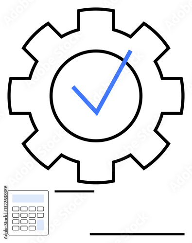 Gear symbol with checkmark conveying successful task completion, automation, or optimization. Calculator icon below suggests precision and accuracy. Ideal for efficiency, productivity, automation