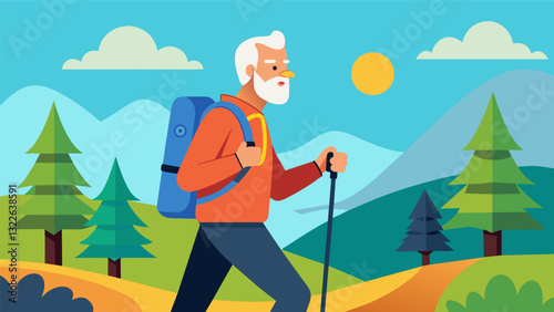 A senior man wearing a fitness tracker on a hiking trail to track his distance and elevation.. Vector illustration