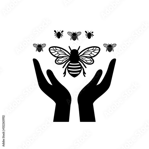 A symbolic black and white icon of hands holding a bee, representing nature conservation, pollinator protection, and environmental awareness.