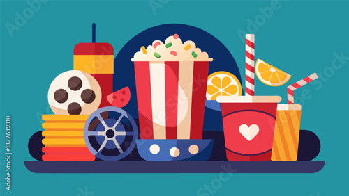 Create a movie night snack platter with popcorn movie theater candy and homemade fruit rollups.. Vector illustration