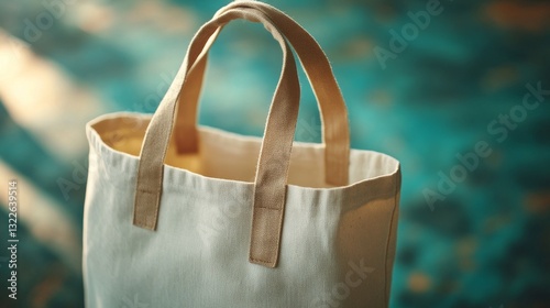 White tote bag on teal background