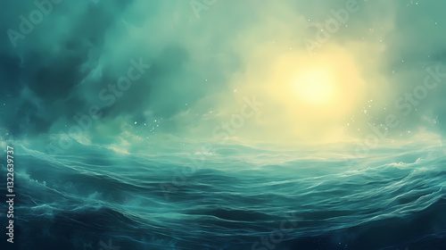 Ethereal mist envelops a serene landscape with gentle luminescent tendrils, luminous, ambiance, glow. luminescent - ocean. illustration. Luminous Mist. Illustration photo