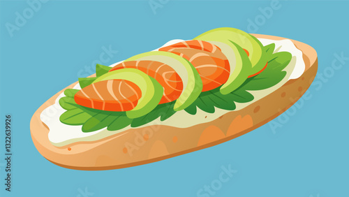Herbed cream cheese spread on sliced baguettes topped with sliced avocado and smoked salmon.. Vector illustration