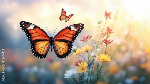 The vibrant colors of the butterflies contrast beautifully with the colorful flowers in the meadow