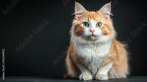 A stunning white cat with one blue eye and one green eye poses majestically against a pitch black background, showcasing its unique and captivating heterochromatic gaze.
