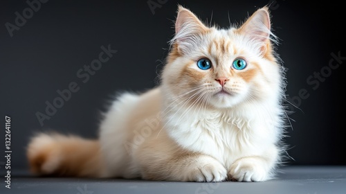 A stunning white cat with one blue eye and one green eye poses majestically against a pitch black background, showcasing its unique and captivating heterochromatic gaze.