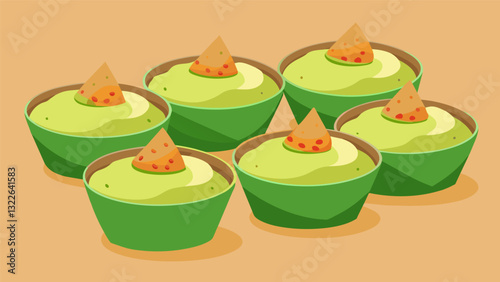 Individual portions of creamy guacamole served in mini cups with tortilla chips for a yummy Mexicaninspired snack.. Vector illustration