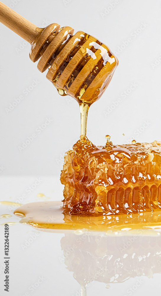 A picture of a Honey with Honey Comnd and wooden dipper A picture of a Honey with Honey Comnd and wooden dipper