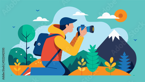 Finding balance between technology and nature using a camera to capture the beauty of the natural world instead of letting it pass by in a blur.. Vector illustration