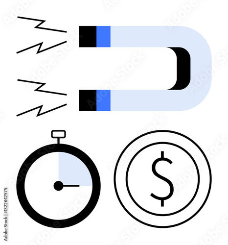 Horseshoe magnet pulling outward with lines, stopwatch tracking elapsed time, and dollar coin. Ideal for business, time management, investment, finance, marketing planning profit. Flat simple