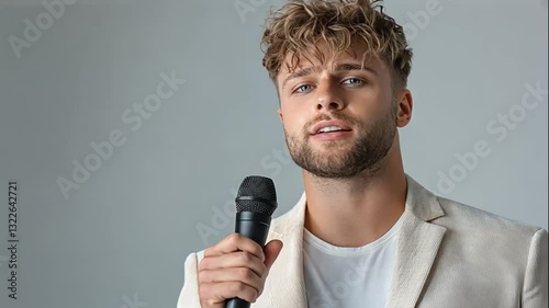 Young Man Singing into Microphone