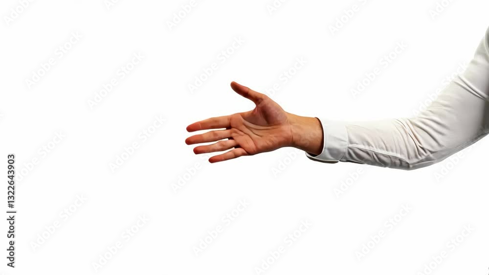 Hand extended in greeting against a plain white background showcasing openness and warmth in interaction