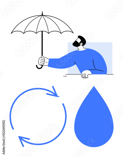 Man holds umbrella for rain protection features blue droplet and circular arrows. Ideal for water conservation, sustainability, weather, climate change, environmental awareness, renewable resources