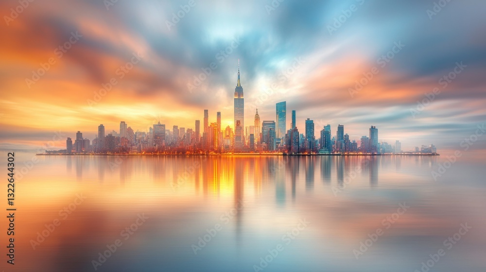 Naklejka premium The vibrant city skyline at dusk in New York City is a breathtaking sight with a dazzling array of colors as the glowing lights from the towering buildings reflect softly off the calm waters below