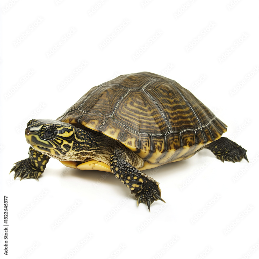 Turtle isolated on white background, showcasing detailed shell pattern Turtle isolated on white background, showcasing detailed shell pattern