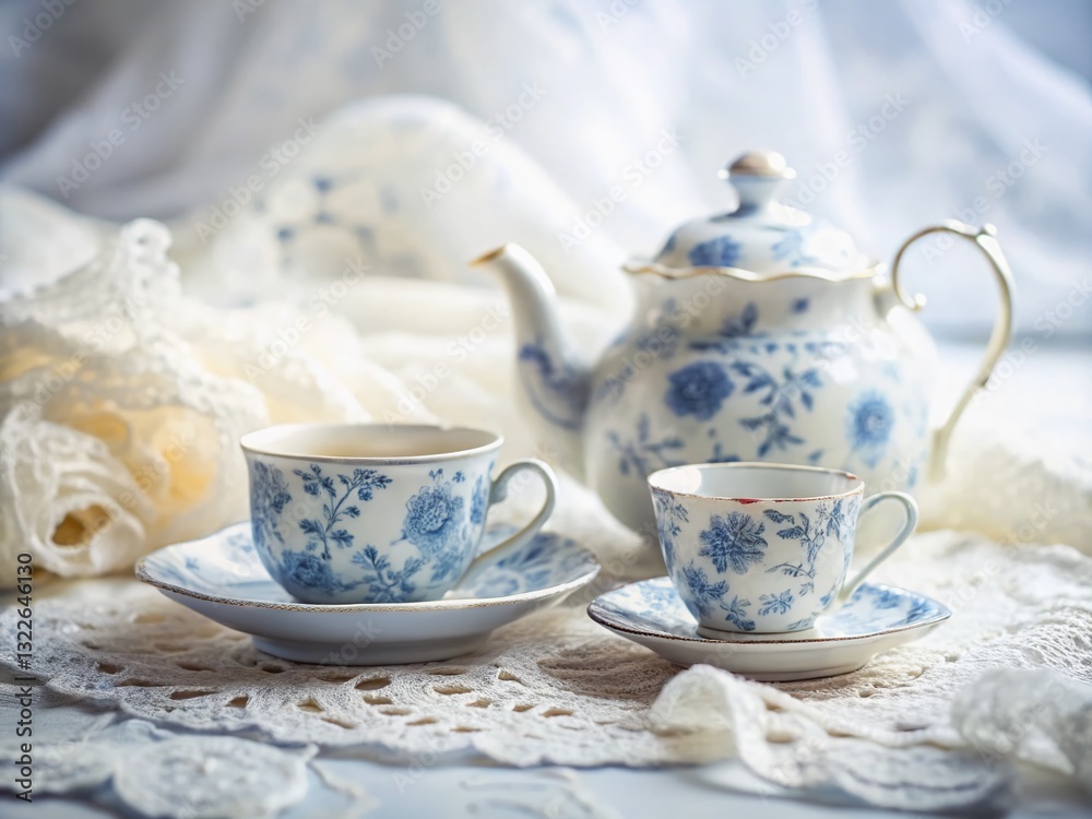 Fototapeta premium Serene Vintage Blue Floral Tea Set on Lace Tablecloth - Minimalist Photography