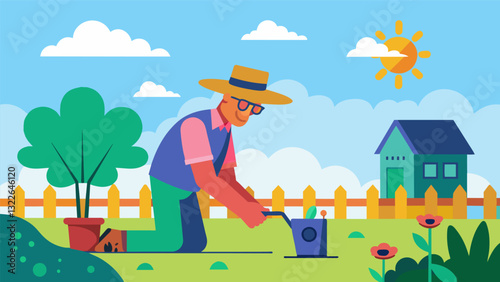 A man in his 60s gardening in his backyard with a wearable UV sensor attached to his hat to monitor his sun exposure.. Vector illustration