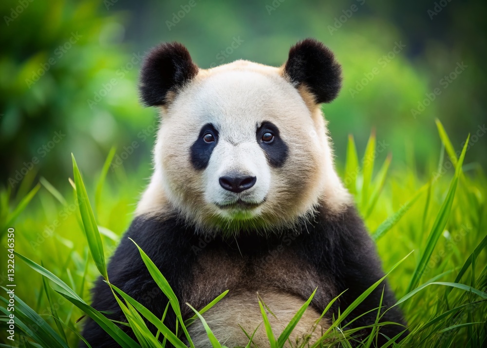 Serious Panda in Lush Green Field - Portrait Stock Photo Serious Panda in Lush Green Field - Portrait Stock Photo