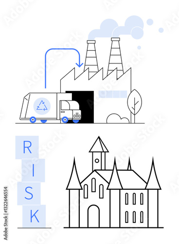 Recycling truck unloading at factory emitting smoke, risk blocks forming a column, Gothic-themed building. Ideal for sustainability, risk, waste, industry, heritage, pollution abstract line flat
