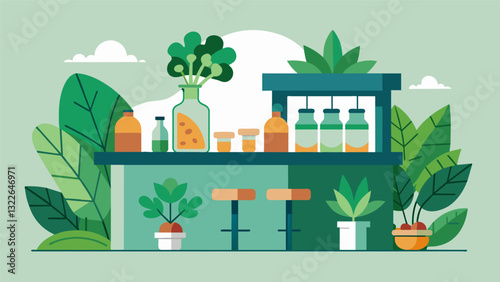 Greenery and natural elements feature prominently in the decor of this healthfocused bar adding to its organic and wholesome vibe.. Vector illustration