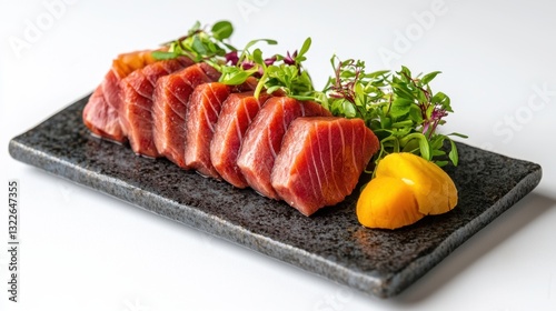 The piece of red tuna is a vibrant, crimson colored cut of fish that boasts a rich, succulent flavor and a firm, meaty texture.