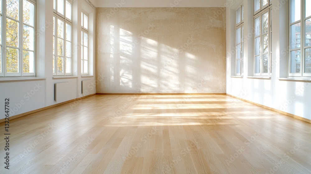 The empty room is filled with natural sunlight streaming in through the windows, casting a warm glow on the minimalistic decor The empty room is filled with natural sunlight streaming in through the windows, casting a warm glow on the minimalistic decor