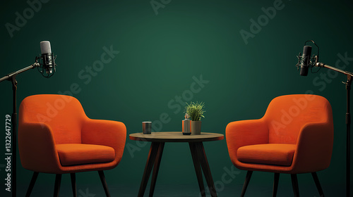 Podcast Studio Setup: An inviting podcast studio, featuring two vibrant orange armchairs facing each other across a wooden table, two microphones standing ready, and a dark teal background. 
