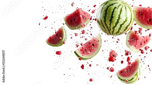 Falling fresh real Watermelon isolated on white