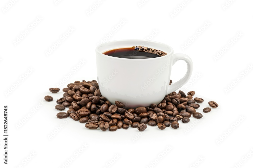 White mug of black coffee with roasted coffee beans isolated on white background White mug of black coffee with roasted coffee beans isolated on white background