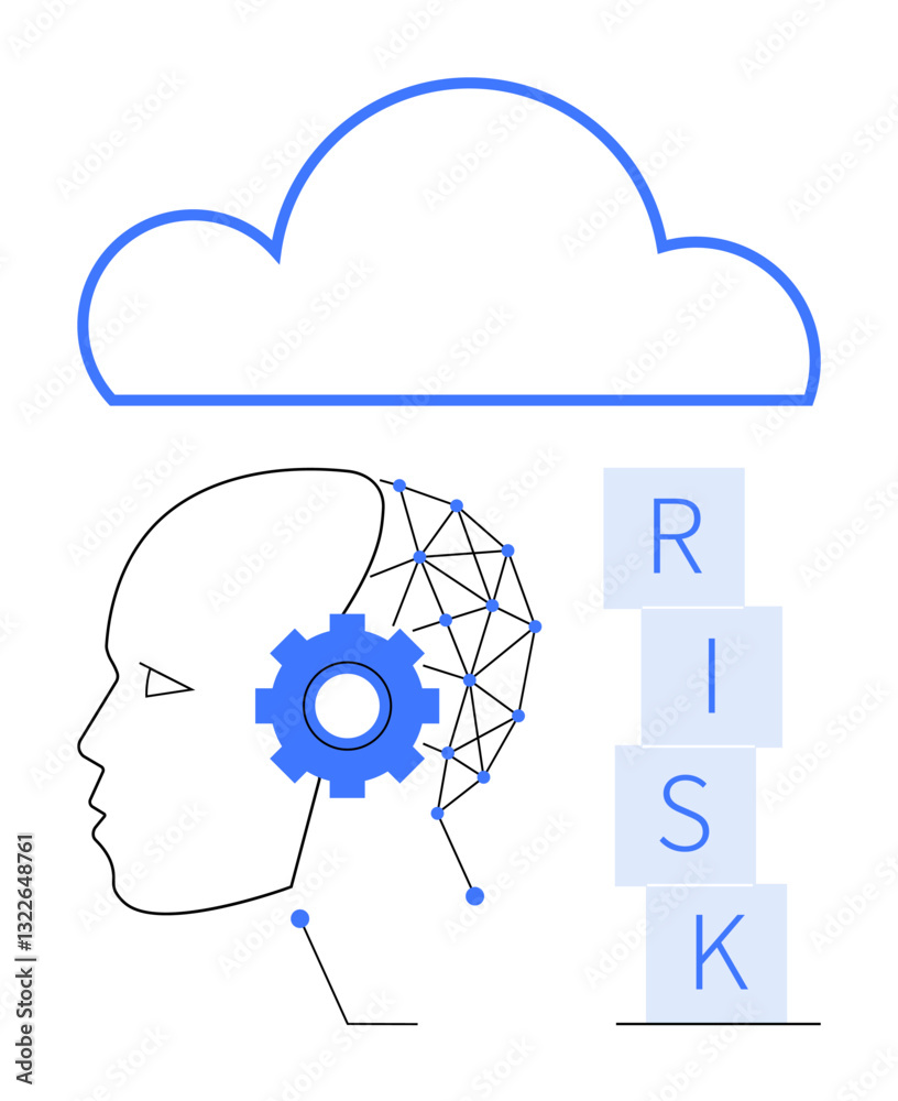 Human head with gear and neural network, cloud above, and RISK blocks. Ideal for AI, machine learning, decision-making, cybersecurity, risk management, cloud computing abstract line flat metaphor Human head with gear and neural network, cloud above, and RISK blocks. Ideal for AI, machine learning, decision-making, cybersecurity, risk management, cloud computing abstract line flat metaphor