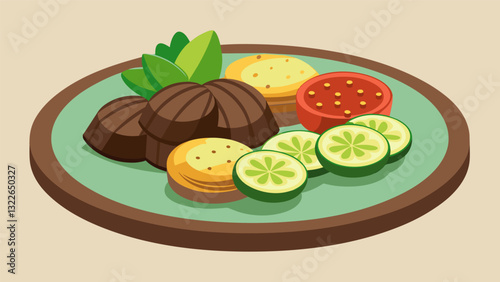 For a touch of indulgence this platter includes rich chocolate truffles buttery shortbread cookies and refreshing cucumber slices.. Vector illustration