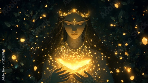 A regal elven queen adorned with golden jewelry, standing in a glowing mystical glade