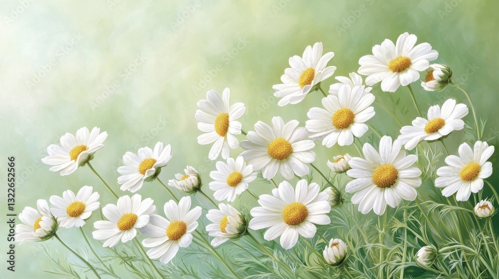 Fototapeta premium The illustration depicts a serene meadow filled with blooming chamomile flowers, swaying gently in the breeze against a lush green background.