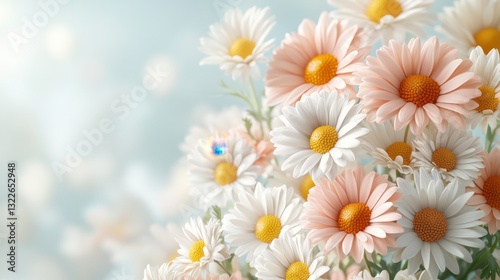 A 3D render of daisy flowers in soft pastel colors, with a squishy texture that makes them look ultra realistic and touchable.