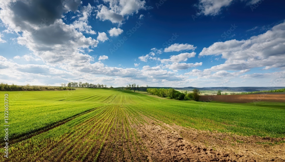 Breathtaking Springtime Serenity A Rustic Countryside Scene under a Clear Blue Sky Dotted with Puffy Clouds, Showcasing Rolling Green Fields and a Blossoming Landscape. Breathtaking Springtime Serenity A Rustic Countryside Scene under a Clear Blue Sky Dotted with Puffy Clouds, Showcasing Rolling Green Fields and a Blossoming Landscape.