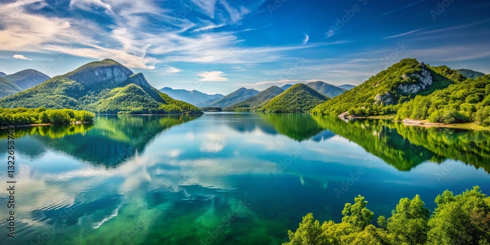 Obraz premium Stunning Skadar Lake, Montenegro: Spring Mountain Scenery High-Resolution Stock Photo