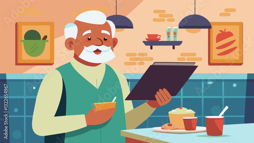 A senior man showing off his newfound fluency in a language by confidently ordering at a local ethnic restaurant.. Vector illustration