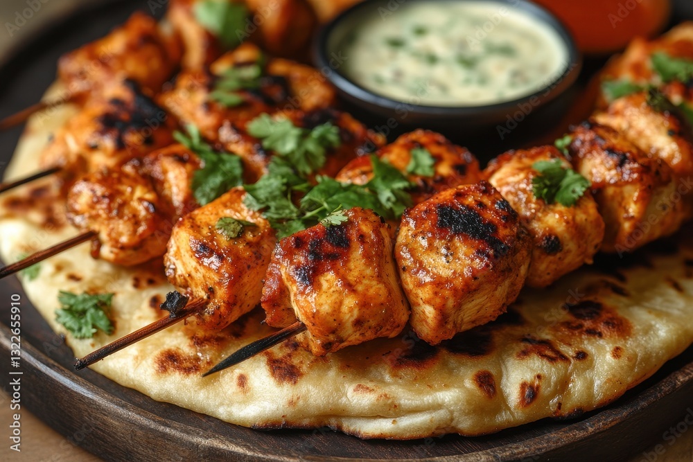 Grilled chicken skewers served with flatbread and spicy sauces at a lively outdoor dining setting Grilled chicken skewers served with flatbread and spicy sauces at a lively outdoor dining setting