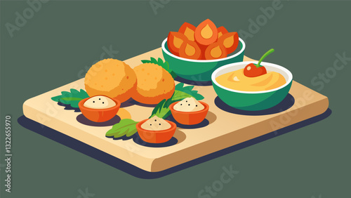 Get a little taste of everything with this street foodinspired platter featuring creamy hummus crunchy arancini balls and y shio peppers.. Vector illustration