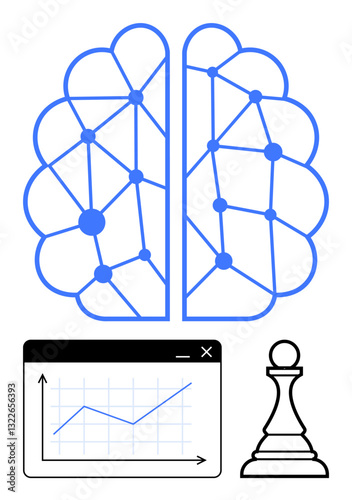 Brain with neural connections, upward growth chart, and chess pawn emphasizing intelligence, problem-solving, strategy, growth, innovation, decision-making. Ideal for AI strategy education