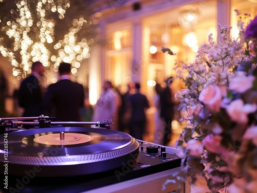 Close-up of a turntable at a vibrant evening party  - ai
