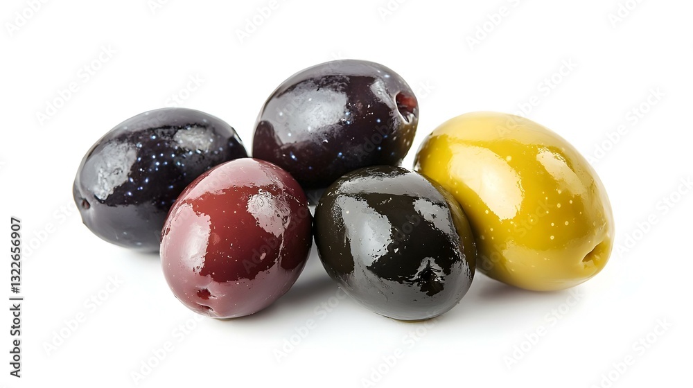 Group of five olives on a white background