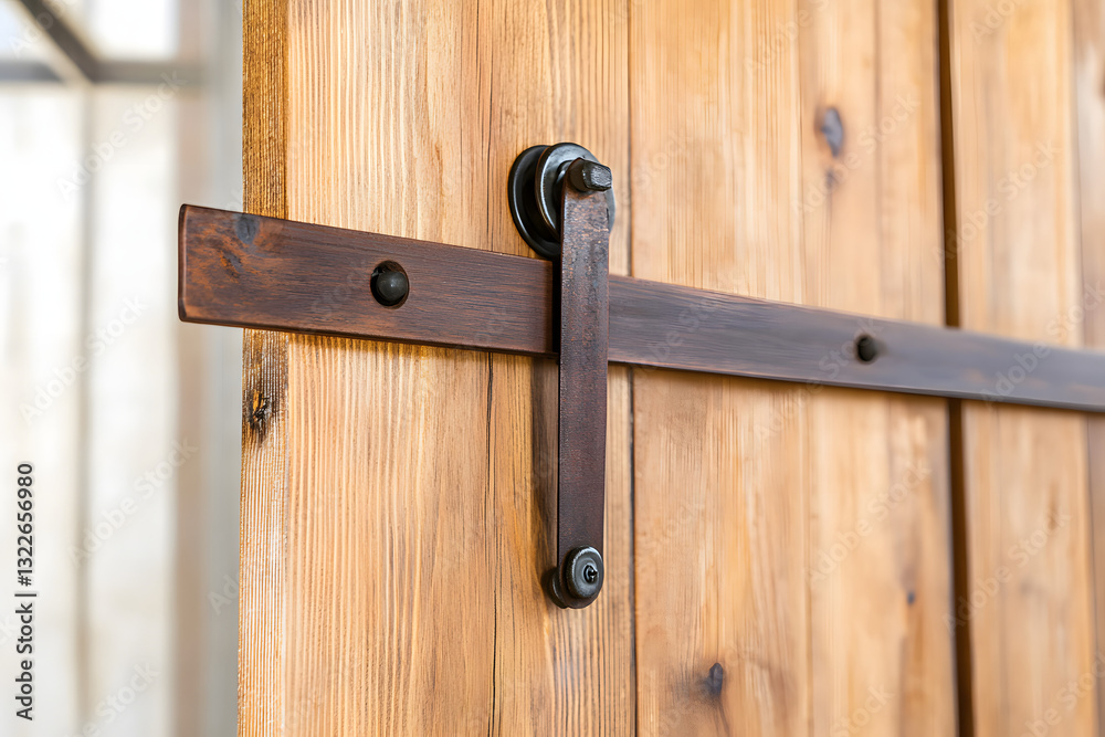 freshly stained barn door on sliding track, metal hardware contrast against rich wood tones freshly stained barn door on sliding track, metal hardware contrast against rich wood tones