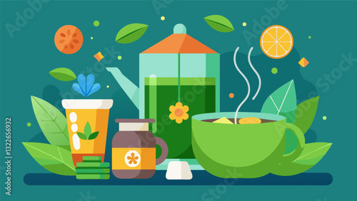 Freshly brewed green tea and herbal tea options to promote relaxation and reduce stress.. Vector illustration