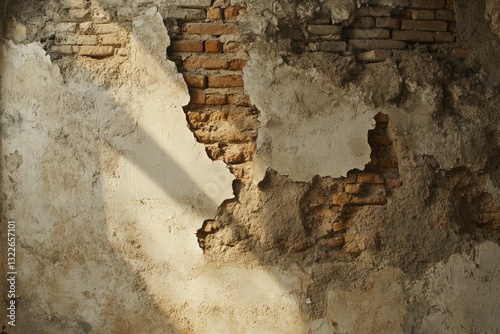 Aged brick wall with peeling plaster and sunlit shadows