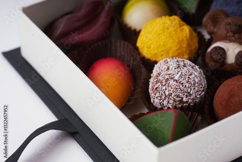 Luxury assorted chocolates and truffles in an elegant black gift box with copy space on white background  
