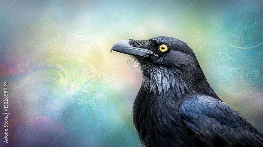 The portrait features a majestic griffon crow with a sleek black plumage, piercing yellow eyes, and a sharp, curved beak The portrait features a majestic griffon crow with a sleek black plumage, piercing yellow eyes, and a sharp, curved beak